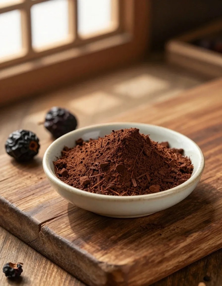 Botanical powder in a glass bowl — men's vitamin supplements ingredient research
