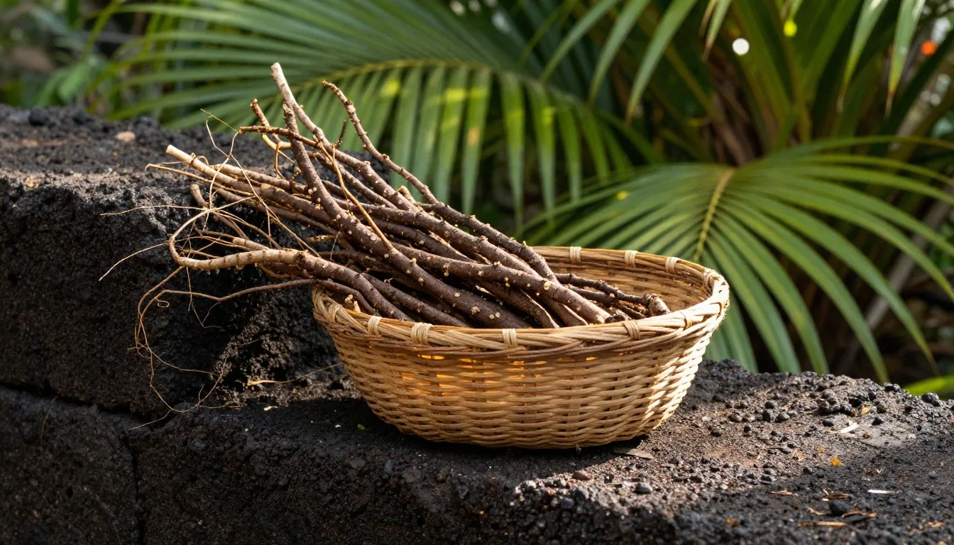Tongkat ali root on a wooden surface — botanical ingredients native to Indonesia