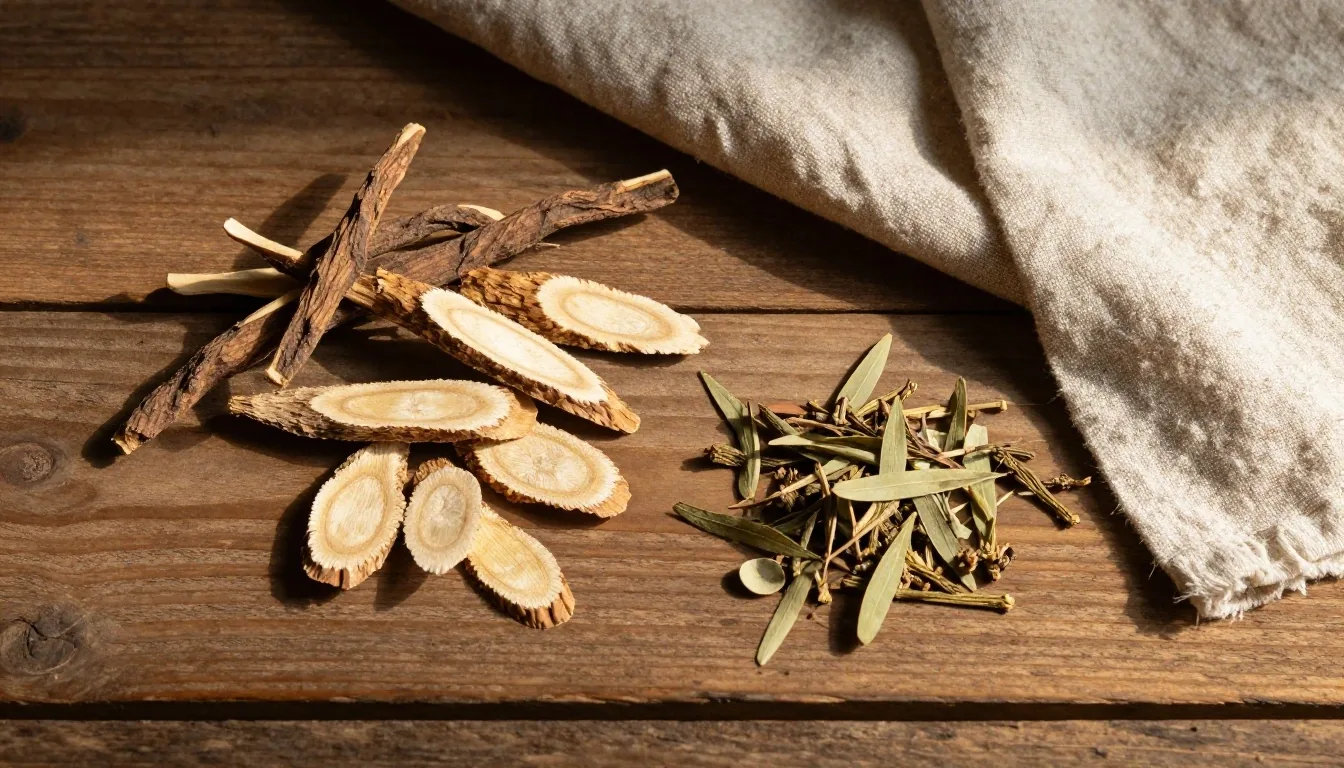 Dried botanical ingredients on a wooden workbench — raw materials behind men's natural wellness content