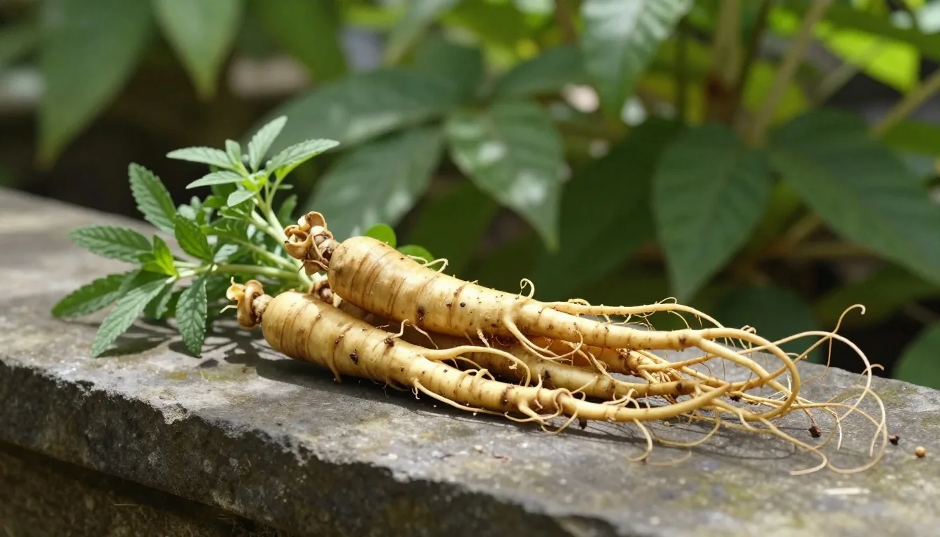 Raw maca root and ginseng on a wooden surface — natural supplement ingredients for men