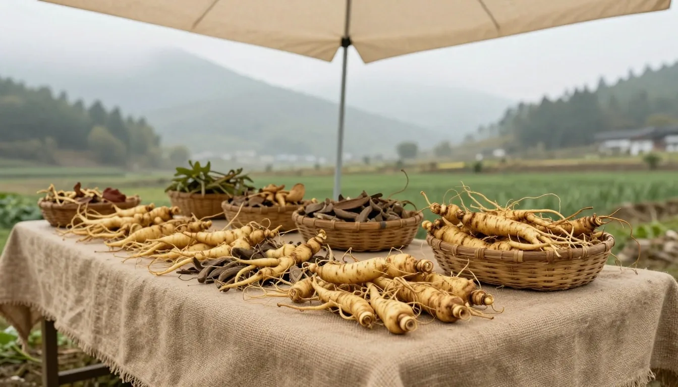 Raw botanical materials on a wooden workbench — natural supplements for men