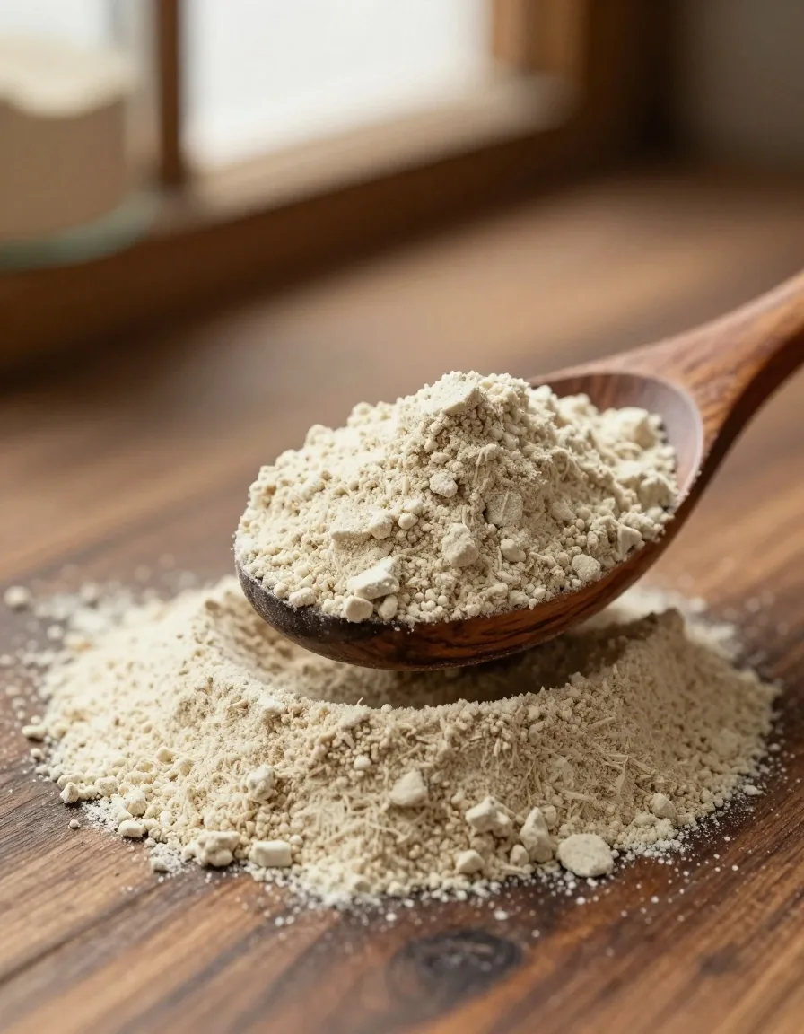 Raw amino acid powder on a wooden spoon — men's vitamin supplements