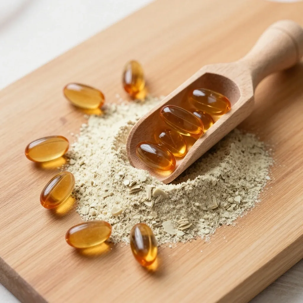 Natural supplement formats — capsules, powder, and tablets as men's vitamin supplements