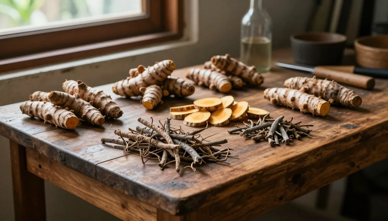 Raw botanical materials on a wooden workbench — natural supplements for men sourced from nature