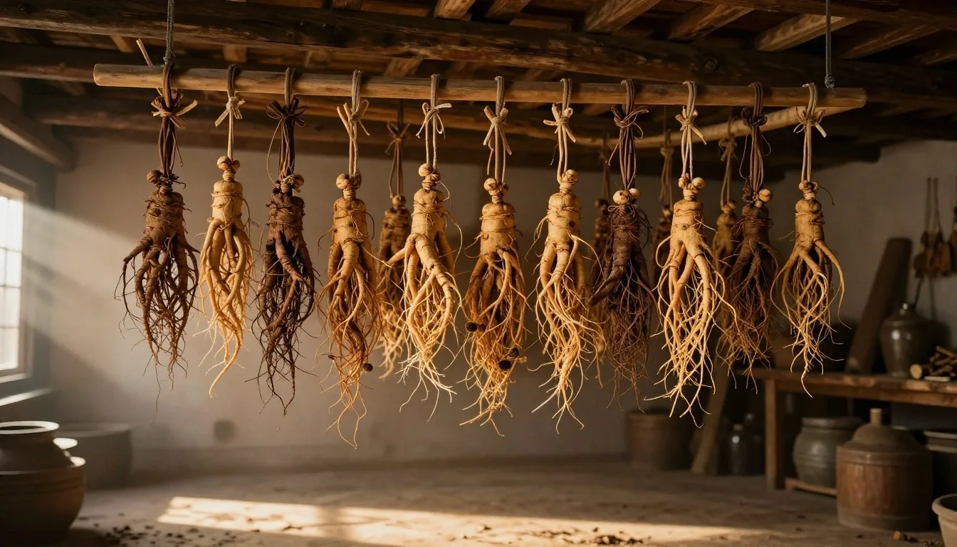 Raw maca root and ginseng on a wooden surface — natural supplements for men
