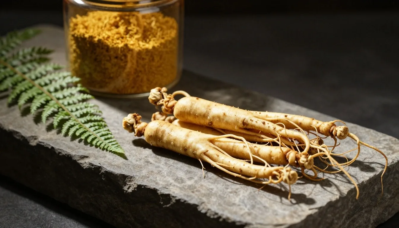 Raw botanical ingredients on a wooden workbench — natural wellness materials in warm morning light