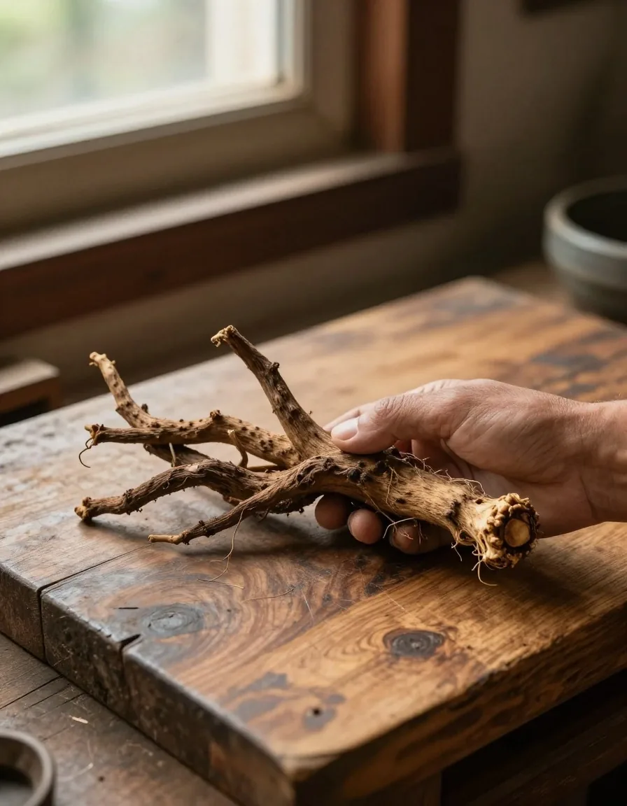A hand holding a dried botanical root over a wooden surface