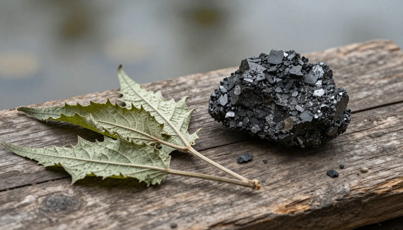 Raw natural materials — roots, leaves, and mineral fragments on a wooden surface, vitamins and minerals for men