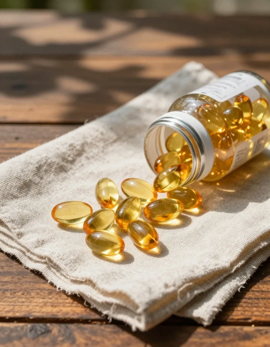 Vitamin D softgel capsules on a wooden surface — men's vitamin supplements format detail